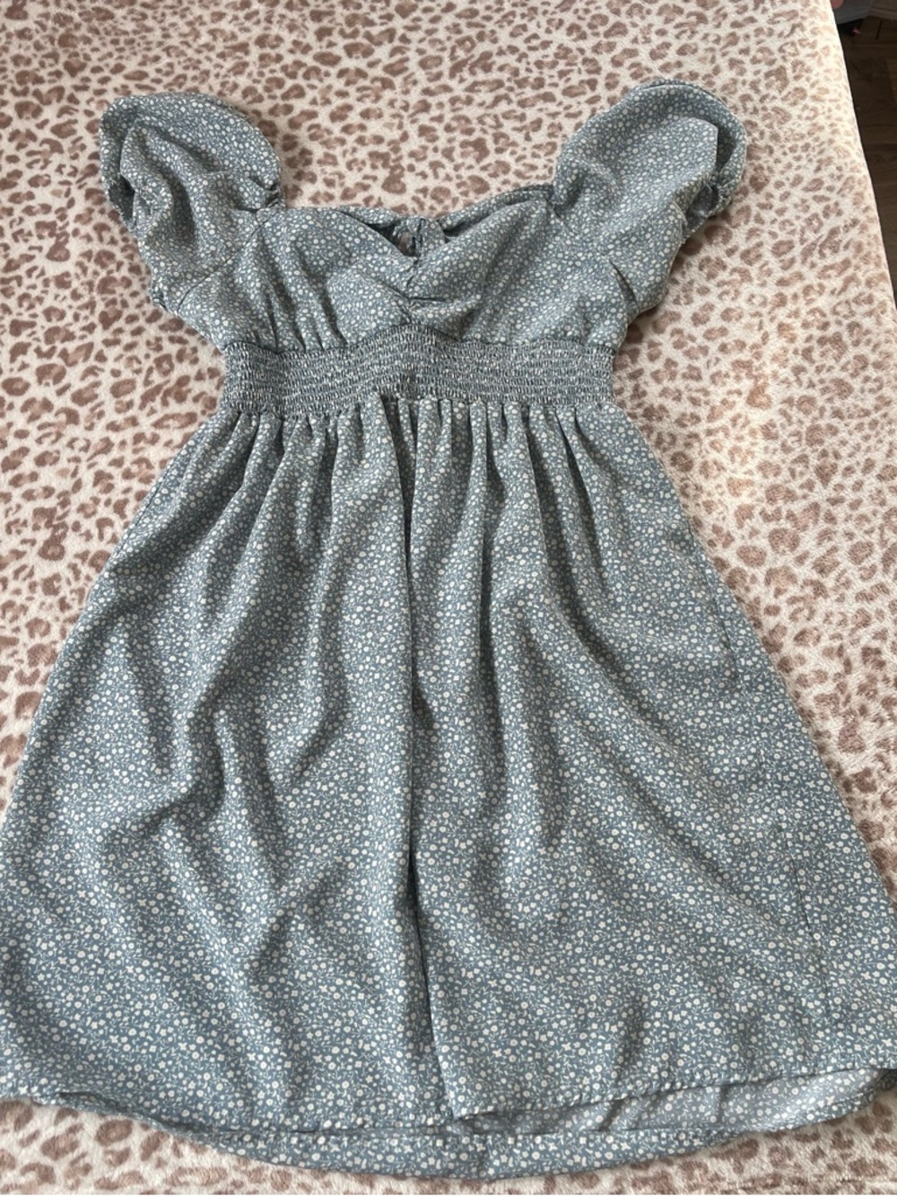 Smocked Waist Puff Sleeve Floral Dress - Sage Green